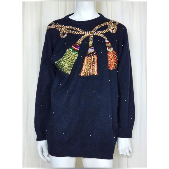 Vintage 80s holiday beaded tassel black wool pullover sweater M - Picture 1 of 6